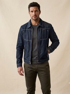Emporio Armani Vintage Y2K Biker Edgy Moto Denim Jacket Leather Detailing Sz S